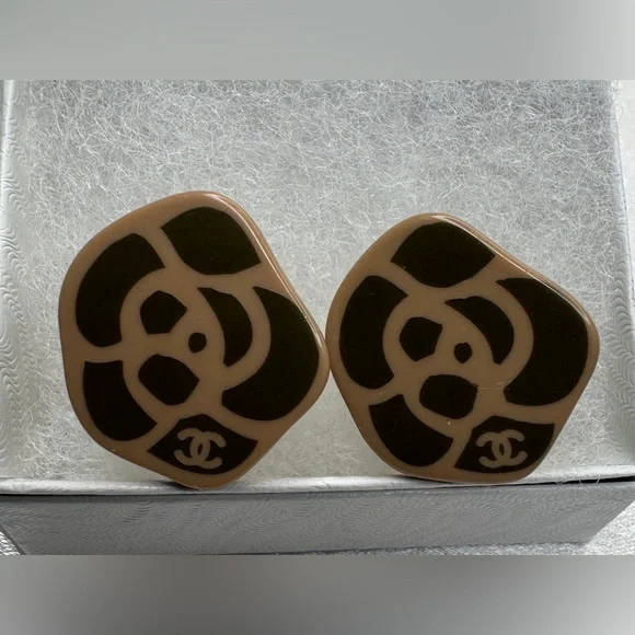 CHANEL Olive Green and Beige Camellia Earrings